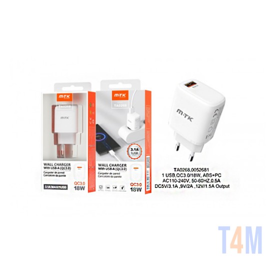 CARGADOR ADAPTADOR RÁPIDO MTK TA0268 BL 1 PUERTOS USB BLANCO